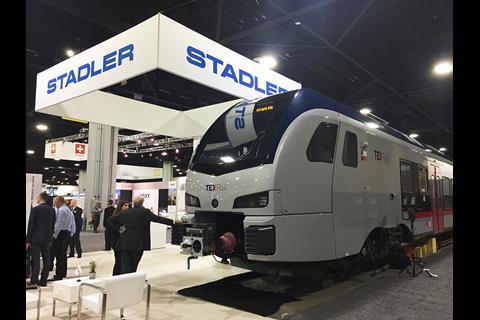 Stadler displayed its first US-built Flirt diesel multiple-unit at the APTA exhibition in Atlanta.
